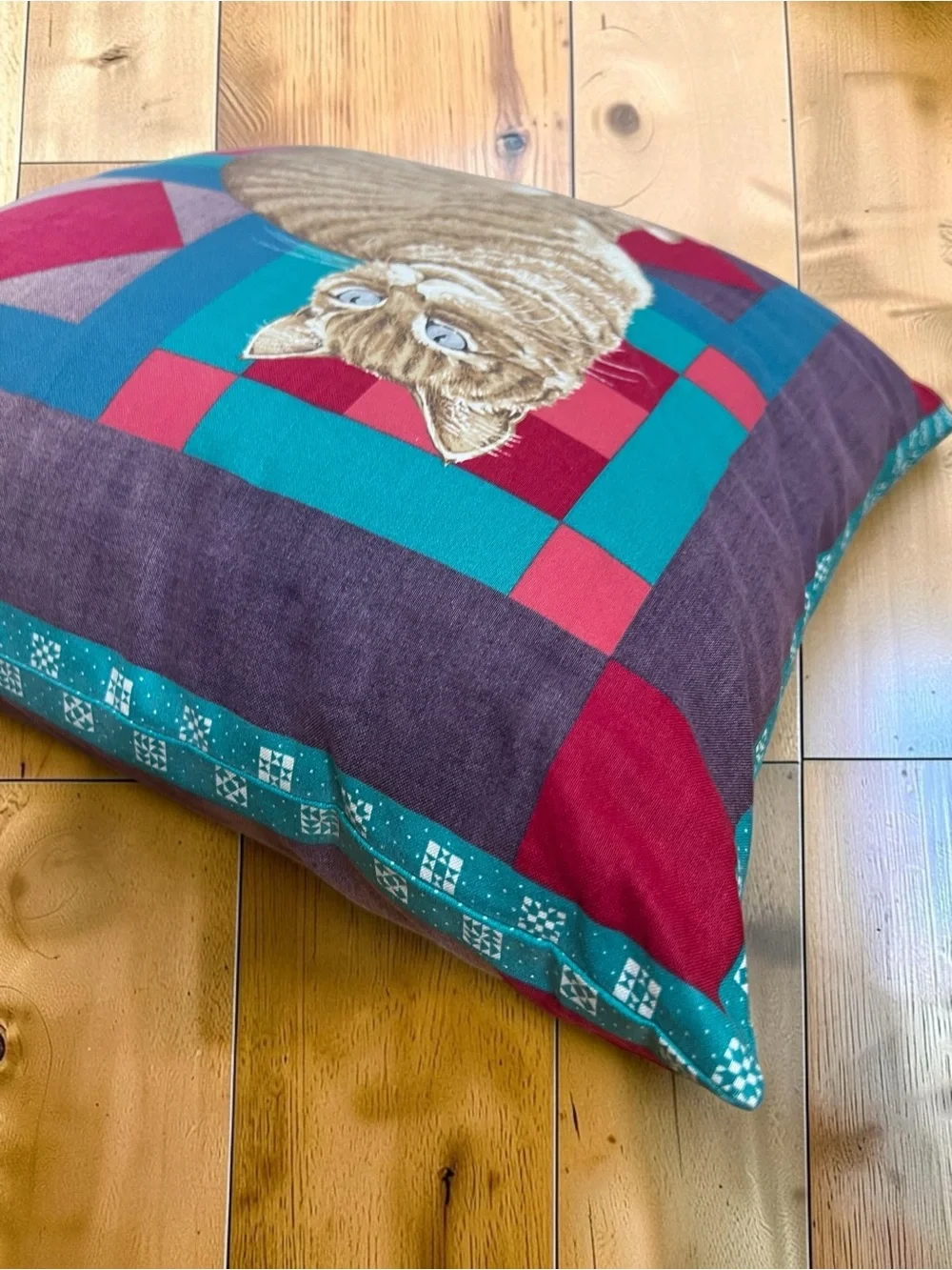 Vintage 90s Cat Throw Pillow Blue Eyed Tabby Patchwork Cottagecore